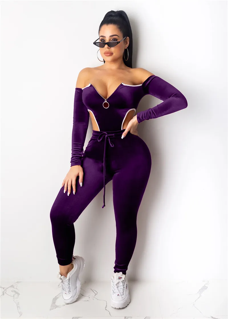 Ceny Adogirl Christmas Velvet dwuczęściowy zestaw damski dres Zipper Off Shoulder body z długim rękawem + spodnie ołówkowe modne garnitury