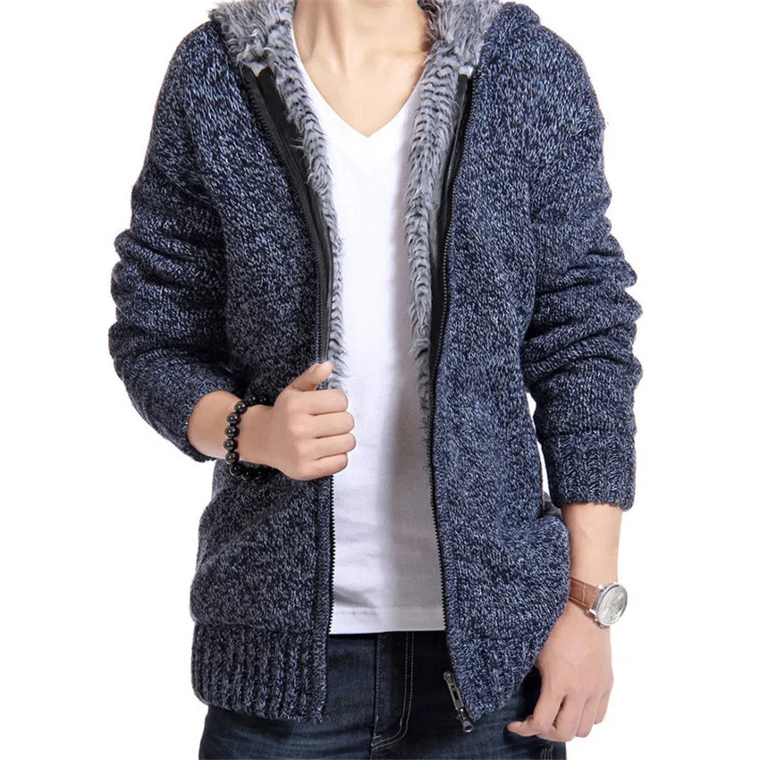 Autumn Winter Mens Thick Warm Sweatercoat Collar Zipper Hooded Sweater Coat Outerwear Winter Fleece Cashmere Sweaters pull Homme