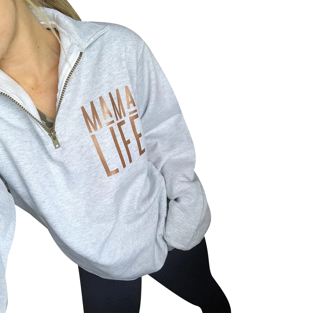 

Woman's White Sweatshirt Zippered pullover Long Sleeved Life Letters Printed Outdoor Sporty Autumn Sweatshirts Tunic