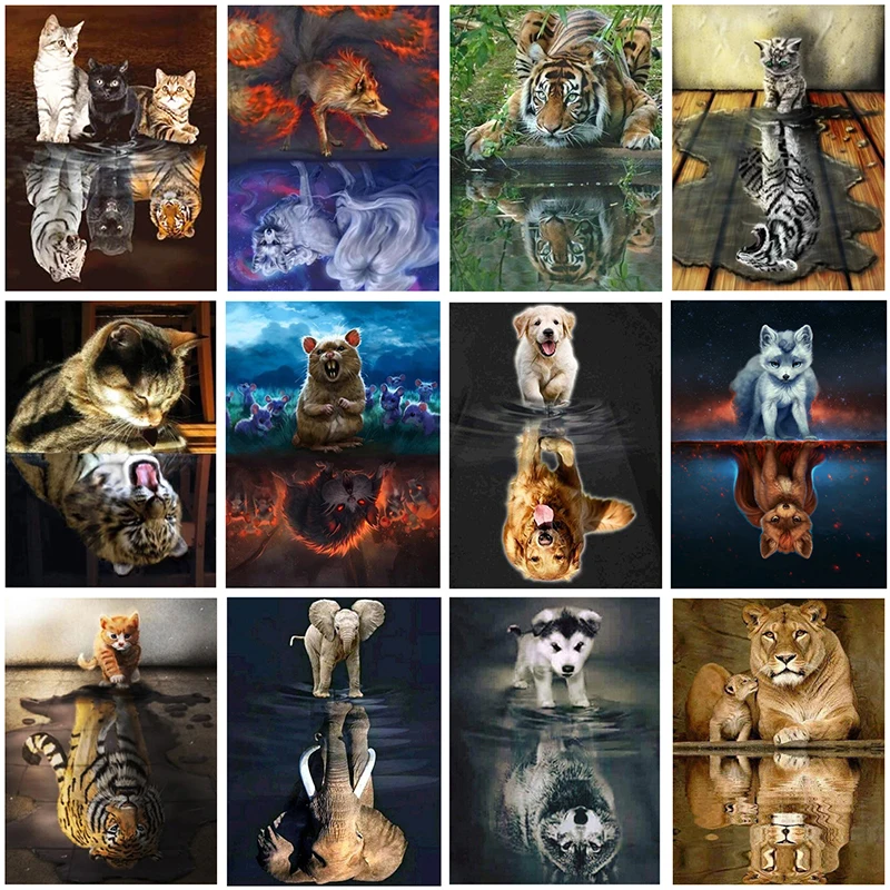 

5D Diamond Painting Cat Tiger Full Square/Round Diamond Embroidery Animals Reflection Pictures Of Rhinestones Mosaic Home Decor