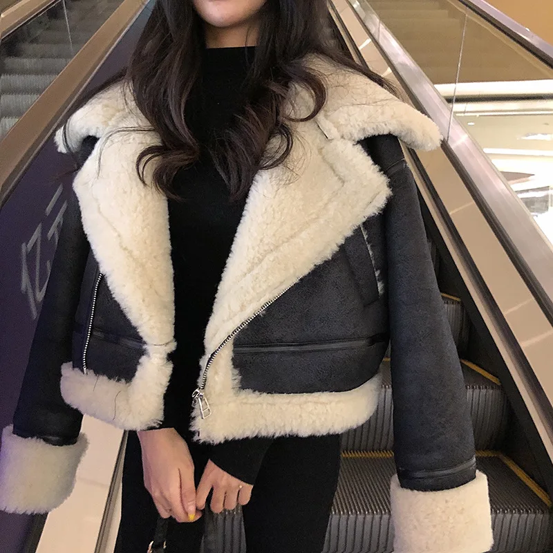 2019 Winter High -Quality Jacket Female Suede Lamb Keep Warm Wool Coat Motorcycle Lapels Coat Female Thicker Jacket Women black