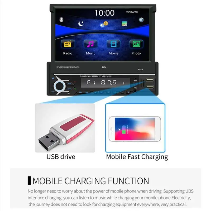 SWM T-110 7 дюймов сложенный экран Bluetooth стерео AUX USB FM радио головное устройство поддержка расширенного Bluetooth микрофон для телефона