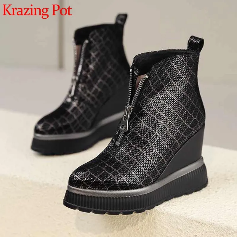 

Krazing Pot winter wedges thick bottom print gingham sheep leather round toe Zipper super high heels women warm ankle boots L6f4