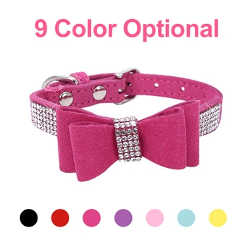 

Pet Dog Cat Collars Leashes Suit Shining Diamonds Adjustable Suede Fabric Dogs Necklace Personalized Bowknot Soft Cat Neck Strap