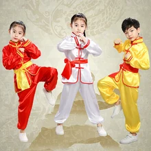 Дети Мальчики Девочки китайские традиционные костюмы тхэквондо ушу Одежда для кунг-фу комплект атласные боевые искусства форма тайцзи представление