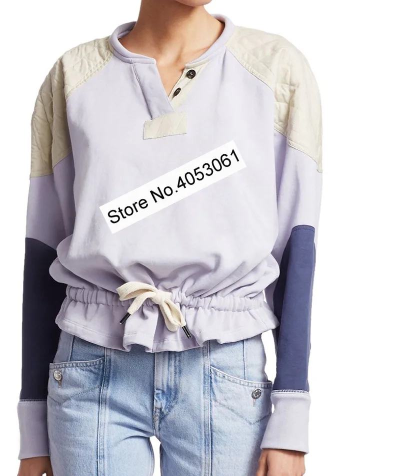 F/W женский хлопковый Контрастный ЦВЕТНОЙ лоскутный пуловер, толстовка с топом и завязками на талии - Цвет: light purple as pic