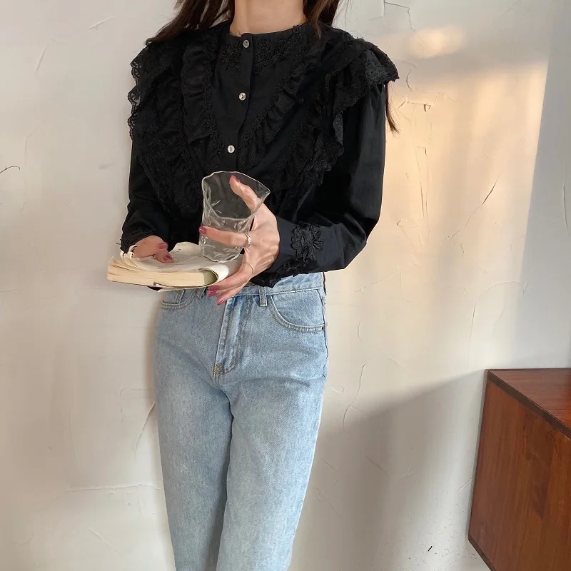 REALEFT Spring Lace Patchwork Women's Shirts Female Blouse Long Sleeve Stand Collar Korean OL Style Women Elegant Blouses