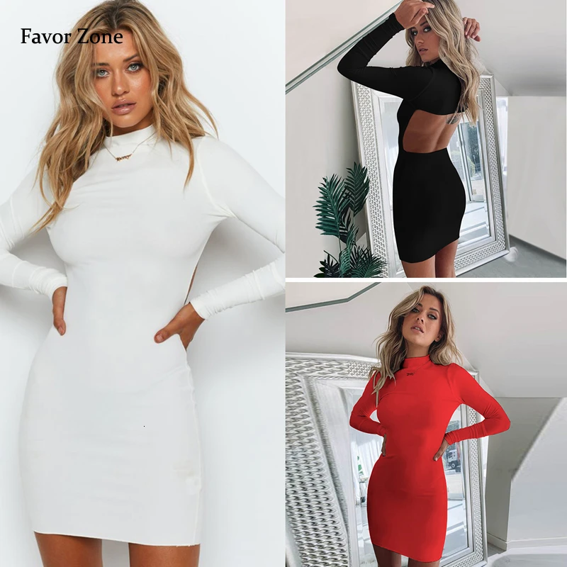 

Women's Dress Autumn Winter long Sleeve Turtleneck Warm Solid Color Simple Casual Dress Backless Bodycon Mini Sexy Party Dresses