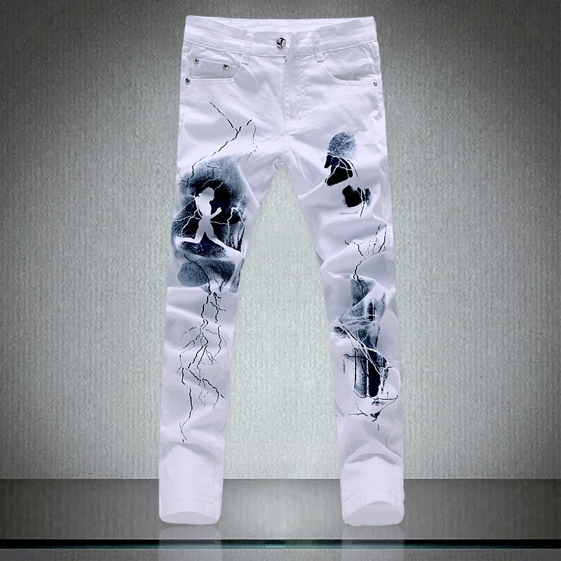 Pantalones vaqueros informales para hombre, jeans largos de diseño coreano, elásticos, ajustados, ajustados, con estampado blanco nuevo, largos de moda, de talla grande, 28 a 42