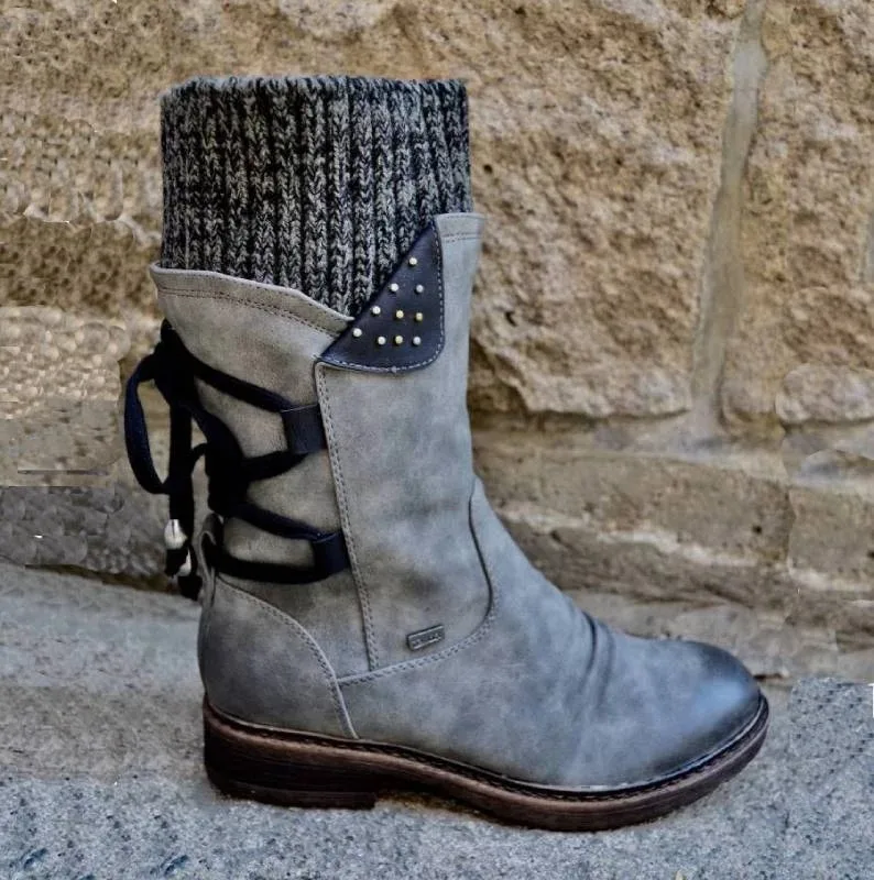 

Women Boots Fashion Autumn PU Mid-Calf Boots With Back Lace-up Design Boots Solid Color Low Heels Shoes Botas Mujer 2019