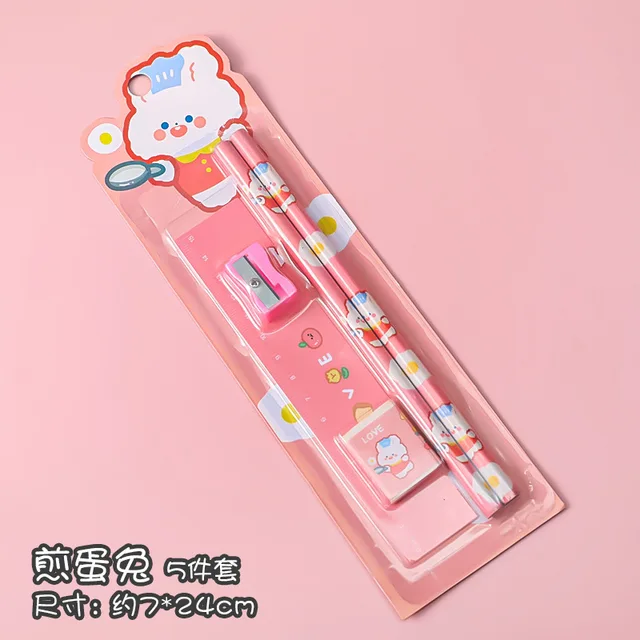 5 In 1 Cartoon Pencil Sharpener Set Students Learn Stationery Eraser Ruler Children Drawing Sketch Supplies Kindergarten Gifts Rabbit