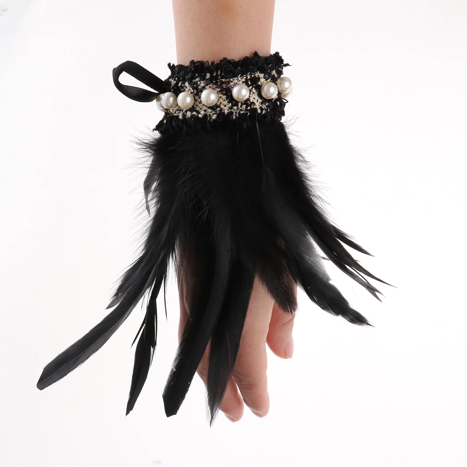 

Real Natural Dyed Rooster Feather Wrist Cuffs Gothic Punk Feather Wrist Cuffs Arm Cuff Faux Pearl Lace Halloween Feather Costume