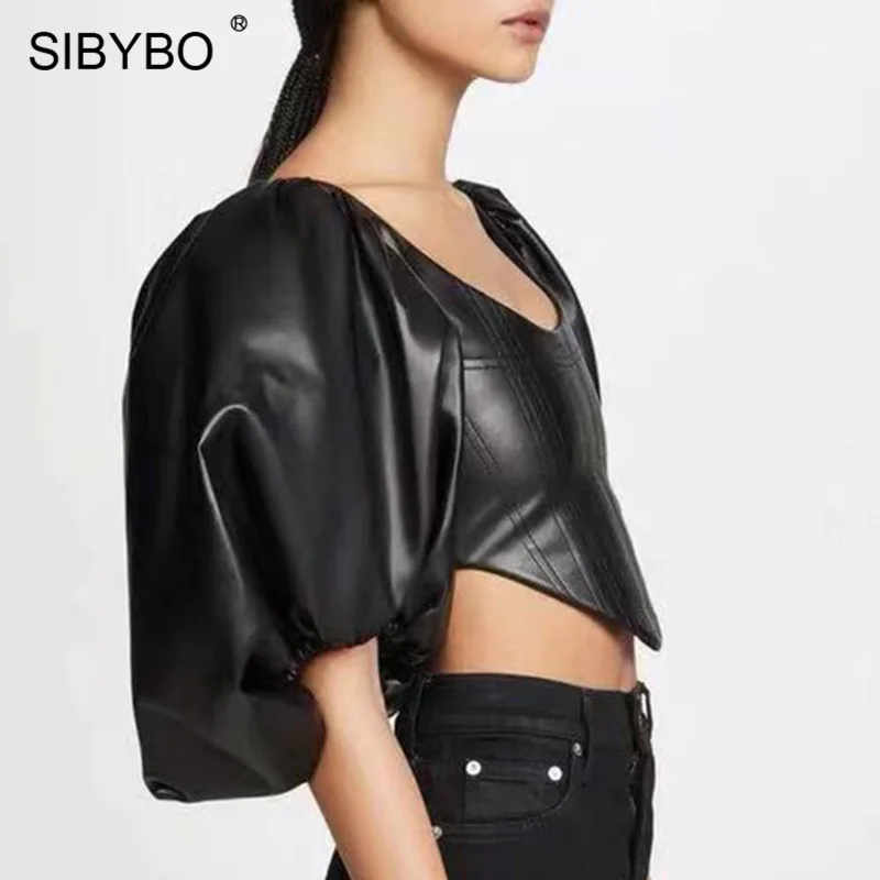 SIBYBO тонкий сексуальный короткий топ из искусственной кожи, женская модная летняя футболка с коротким рукавом, женские черные повседневные топы