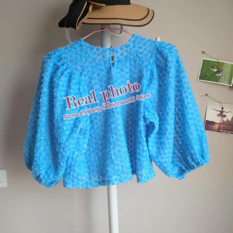 TX814 европейский дизайн синий цвет 3D Цветочная прозрачная Сетчатая футболка женская летняя рубашка с коротким рукавом пуловеры футболки