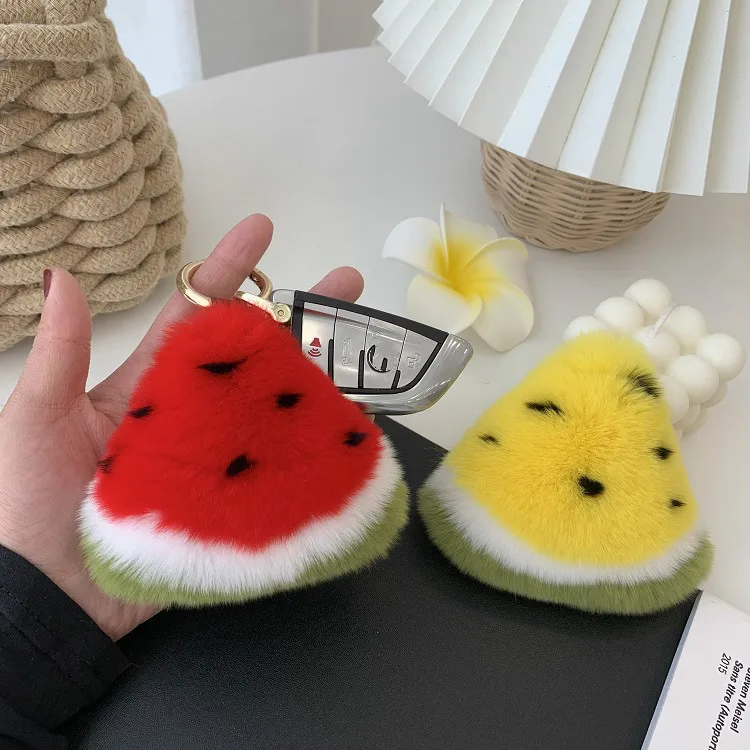

New ins cute high grade watermelon key chain pendant Rex rabbit hair car key chain bag hanging gift doll