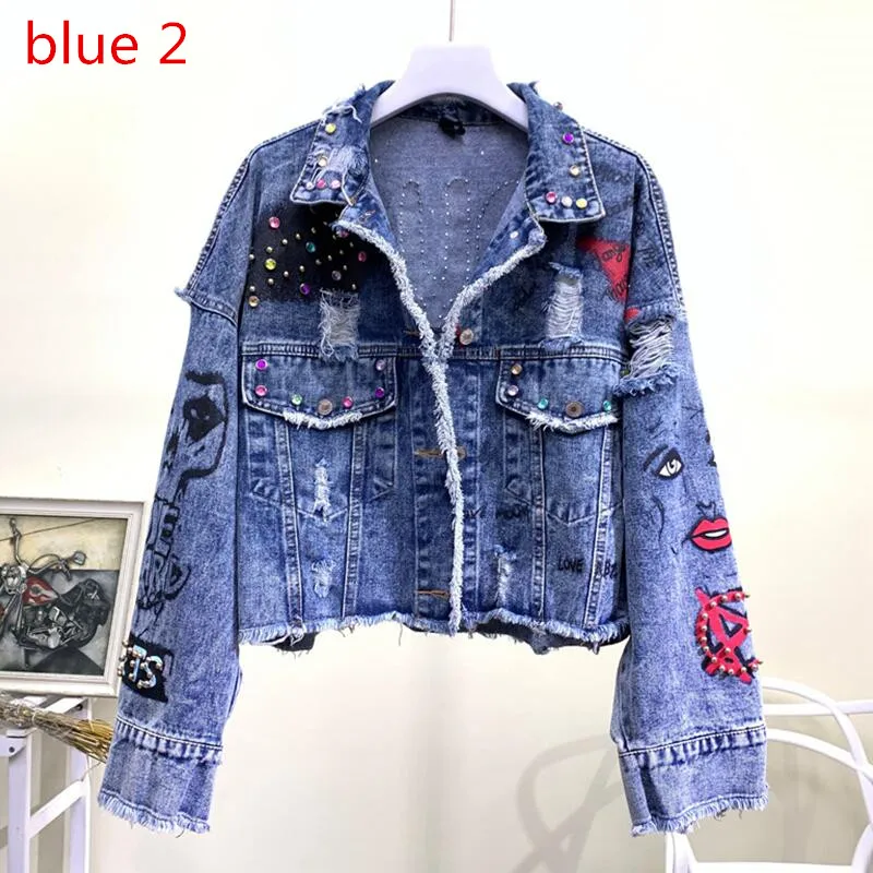 blue jacket 2 Новинка, женская джинсовая куртка, пальто, джинсовые куртки, женские пальто, женская джинсовая куртка с граффити, куртка с заклепками, короткая верхняя одежда для девочек, синяя - Цвет: blue jacket 2