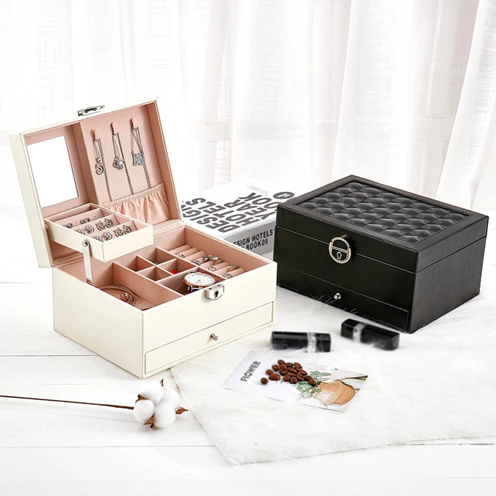 

Multi-functional Jewelry Box PU Leather Jewelry Storage Case Multi-Layer Large Capacity Organizer for Rings Earrings Necklaces