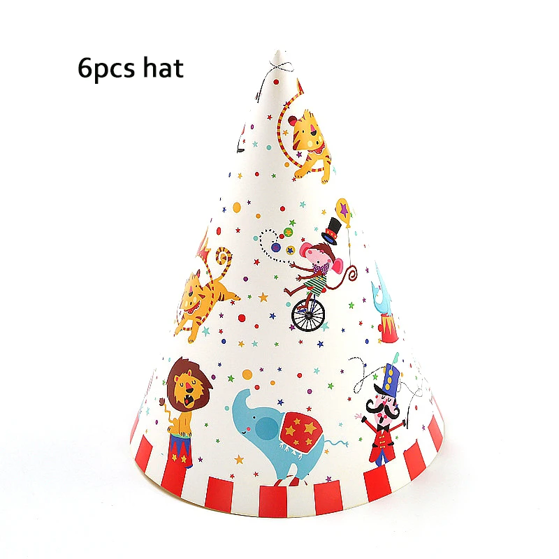 Hat 6pcs Цирковая тематика, Лев, тигр, слон, клоун, на день рождения, одноразовая посуда для вечеринки, бумажные изделия, товары для декора - Цвет: Hat 6pcs