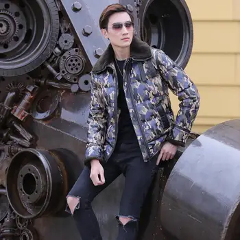 Online Genuine Leather Jacket Coat Men Casual Real Sheepskin Rabbit Fur Collar Camouflage Winter Warm Thick Bomber Male Parka Plus Size