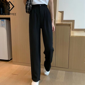 

Women Wide Leg Pants 2020 Autumn High Waist Pockets Button Fly Fashion Trousers Long Pants Casual Bottoms B06808K