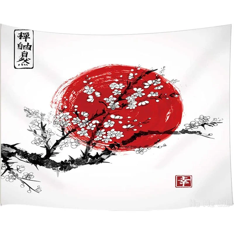 

Traditional Japanese Ink Painting Sakura In Blossom And Red Sun Wall By Ho Me Lili Tapestry For Home Dorm Decor