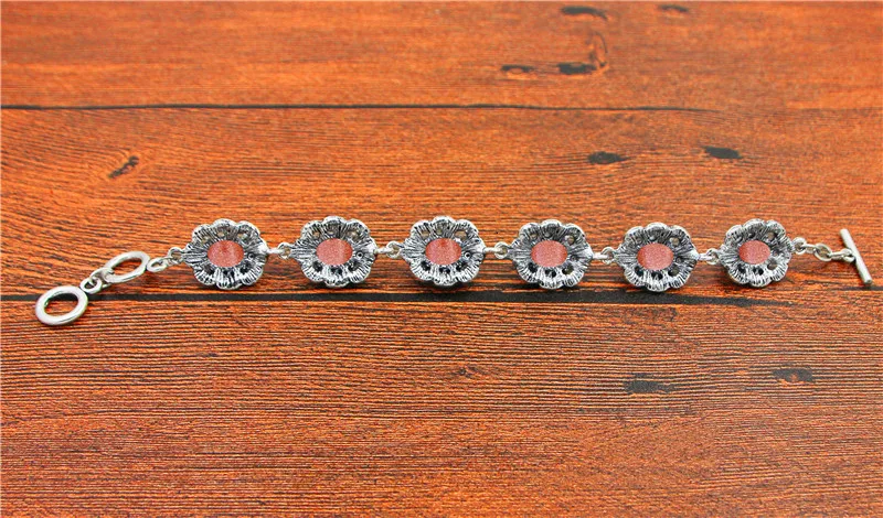 Oval Golden Sequins Stone Bracelet Flower Design Vintage Look Antique Silver Plated Fashion Jewelry For Woman TB351