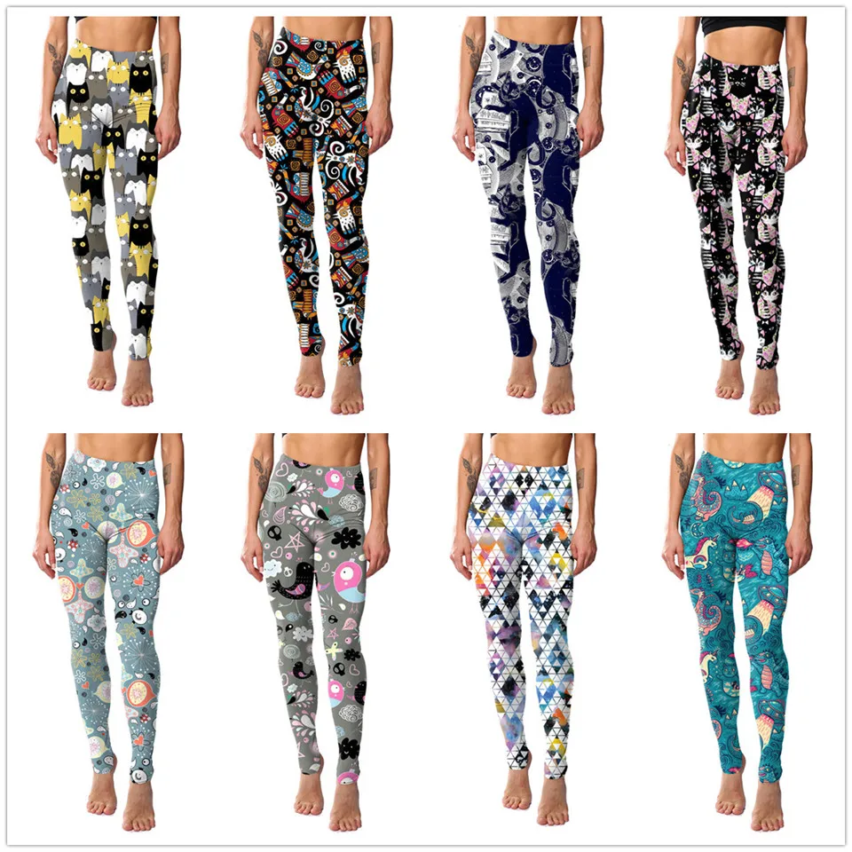 

2019 New Cartoon Fitness Women Leggings Cat Print Elastic Leggins High Quality Polyester Plus Size Ankle-Length Pants Leggings