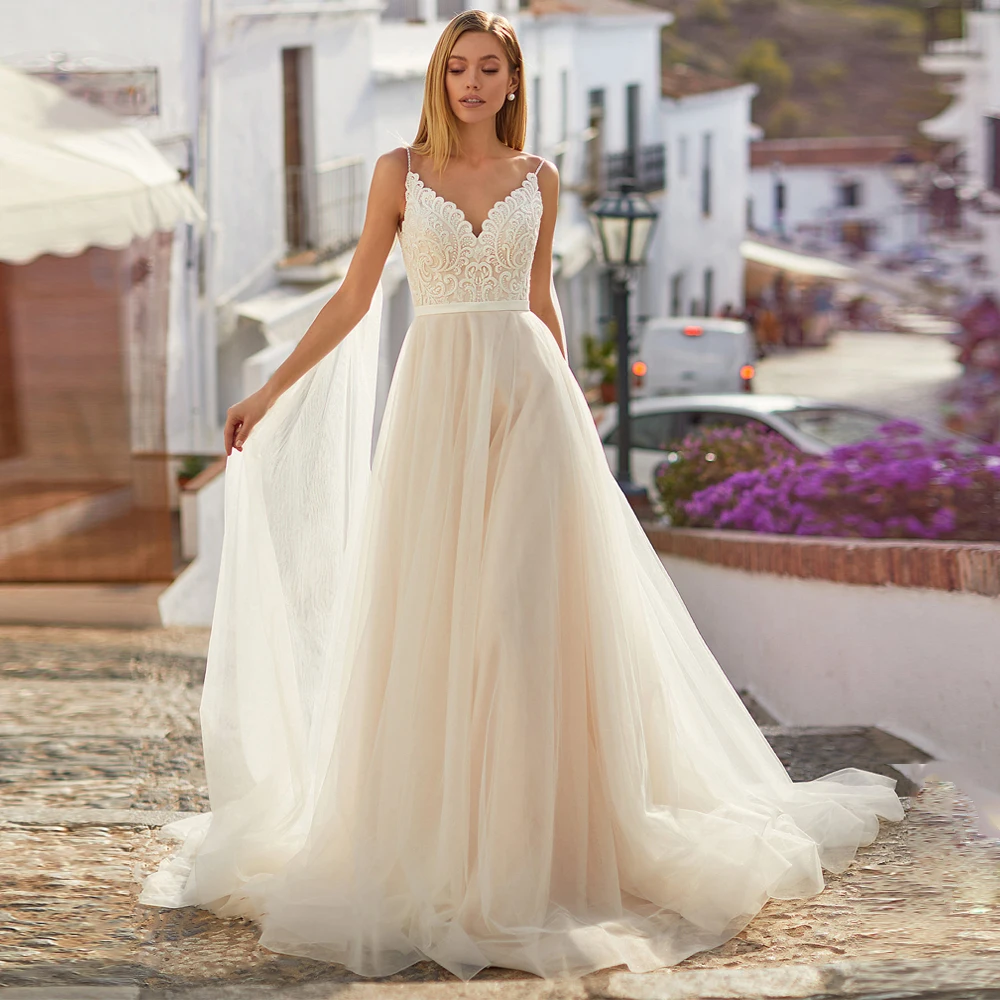 

Charming Spaghetti Straps Tulle Wedding Dress Sexy V Neck Beading Applique A Line Dresses Robe De Mariee Bridal Gown