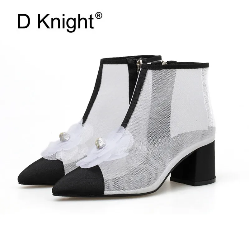

Mesh Cool Female Ankle Boots New Summer Breathable Women Thick High Heels Camellia Net Boots Pointed Toe Women's Booties Shoes