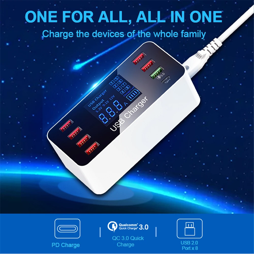 USB зарядное устройство Тип C светодиодный 8 портов 8А 40 Вт QC 3,0 быстрое зарядное устройство для смартфонов для iPhone X XS X samsung S10 huawei P30 Pro Зарядное устройство Док-станция