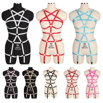 

Pentagram Strappy Harness Bra Set Full Hollow Out Body Cross Cage Bra Cupless Elastic Adjust Lingerie Fetish Gothic Plus Size