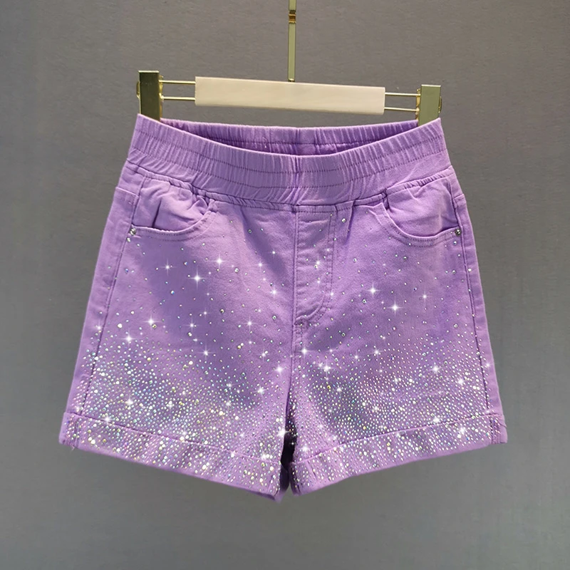 

Purple Jeans Shorts Women 2020 Summer New Elastic Waist Loose High Waist Candy Color Hot Drilling Denim Shorts Woman Hot Pants