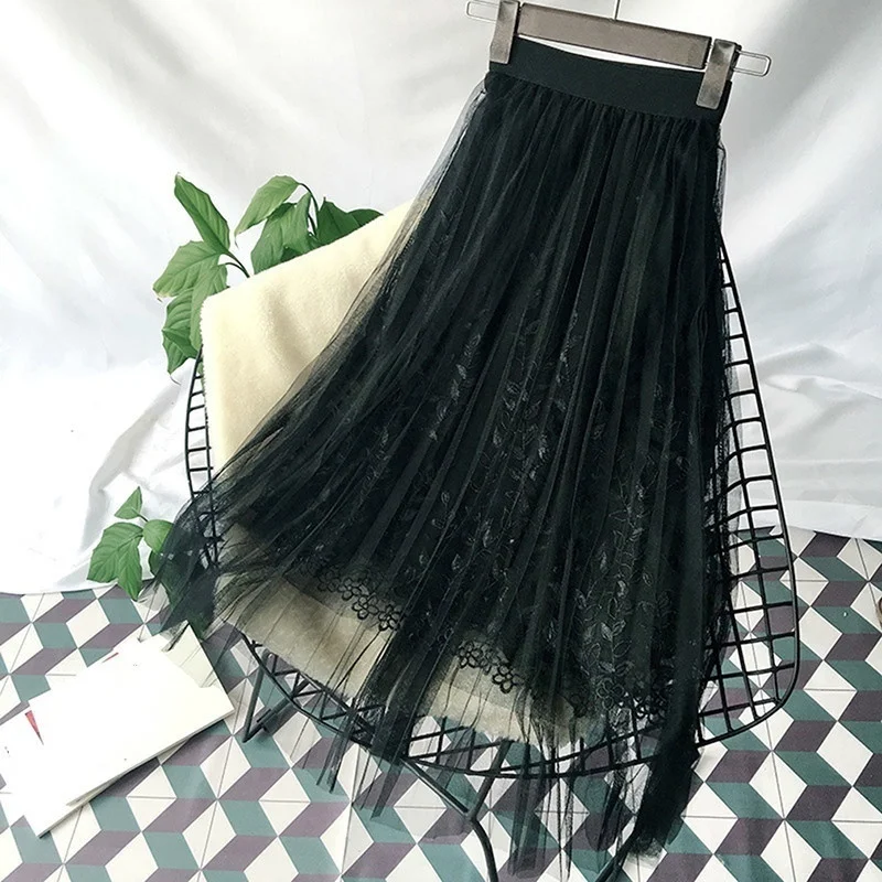 Floral Embroidery Lace Mesh Skirt Women Elegant Tulle Long Pleated skirt Women Midi Skirt Hot Sale winer spring autunm skirt