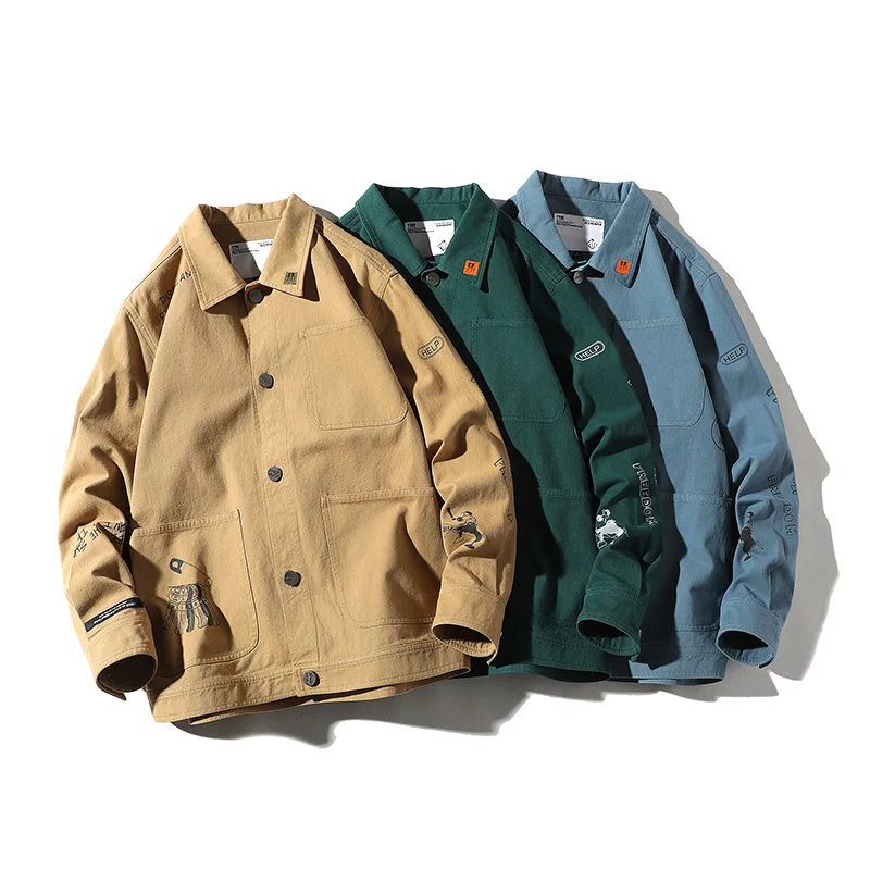 2020 Spring New Jacket Retro Casual Print Fashion Lapel Cotton Mens Multi-Pocket Tide Brand Clothing Hip Hop Khaki | Мужская одежда