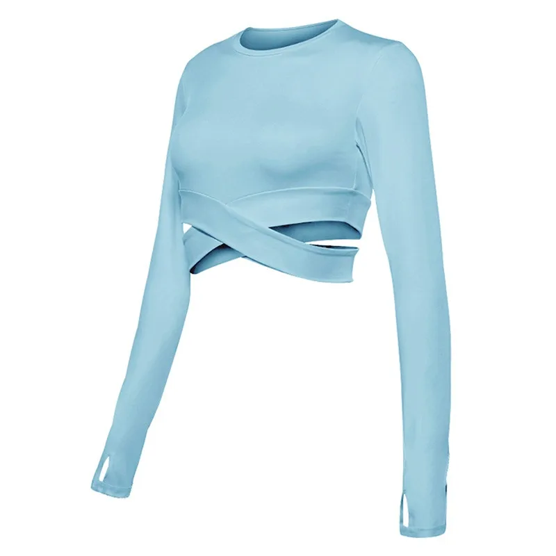 Women Long Sleeve Running Shirts Sexy Exposed Navel Yoga T-shirts Solid Sports Shirts Quick Dry Fitness Gym Crop Tops Sport Wear