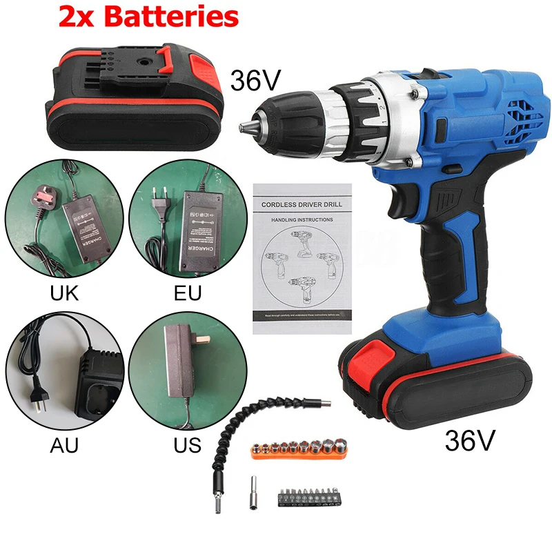 

36V Electric Cordless Drill Screwdriver LED 2-Speed 2Pcs Li-Ion Battery Tool Set Torque electric hand drill wireless power tool