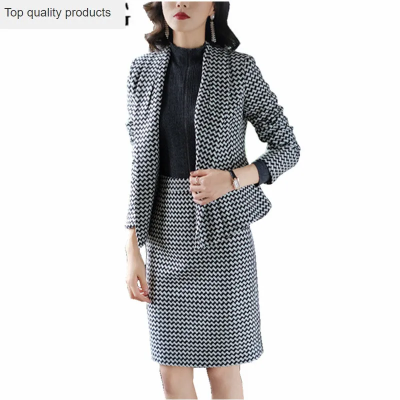 

Fashion OL Plaid Skirt Suits Female Autumn Winter Long Sleeve Slim Woolen Blazer + Skirt Office Workwear Two Piece Set Women