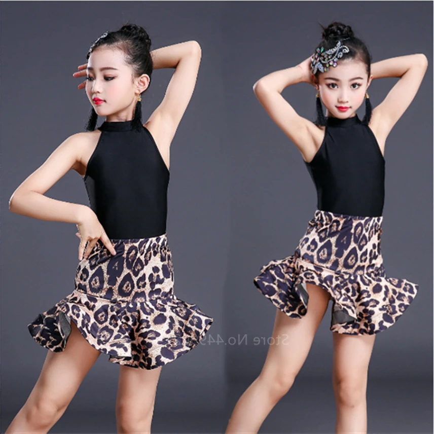 

Leopard Print Girls Latin Dance Fringe Dress Kids Ballroom Competition Evening Party Stage Performance Clothing Top+Skirt Set