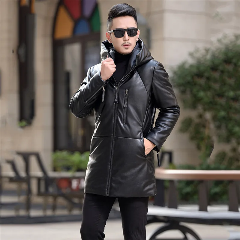 

Autumn Winter New Genuine Leather Down Jacket Men Mid Long slim Hooded Jacket Business Casual Large size sheepskin Outerwear 718