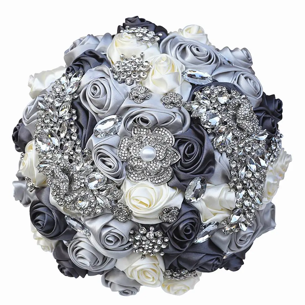 

8.26inch Handmade Wedding Elegant Bridal Bouquet Silver Diamonds Mariage Bouquets Bridal Holding Ivory Stain Rose Flowers W375B