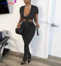 

HAOOHU 2020 Women Sets Summer Tracksuits Knitted Tops+Pocket Pants Suit Two Piece Set Night Club Party Outfits Sportswear 2 pcs