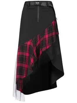 

PUNK RAVE Women Punk Irregular Skirt High Waist Stitching Dark Black Plaid Long Section A Word Causal Skirt