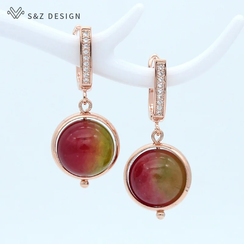S&Z DESIGN New Trendy 585 Rose Gold Color Natural Round Stone Dangle Earrings For Women Girl Daily Accessories Jewelry
