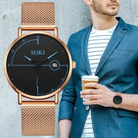 SOKI Fashion Men's Watch Top Brand Luxury Quartz Watch Men's Casual Ultra-thin Mesh Steel Band Calendar Watch Relogio Masculino