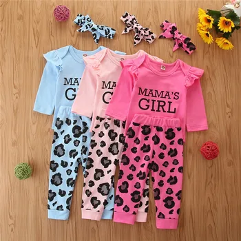 

infant baby girls full sleeve ruched tops letter bodysuits leopard long pants toddler newbron clothing clothes sets 2pcs 0-24M