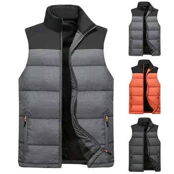 

Casual Men Winter Color Block Zipper Sleeveless Short Cotton Vest Warm Waistcoat