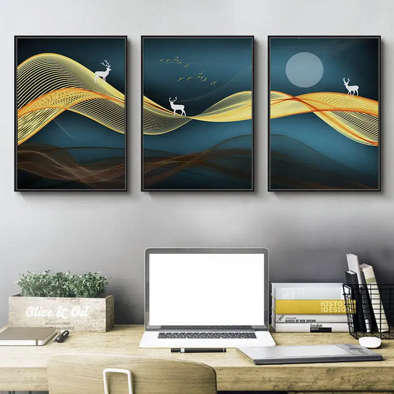 Golden Abstract Fabric Deer and Moon Blue Wall Art Canvas Painting Posters Prints Decorative Pictures for living Room Home Décor | Дом и сад