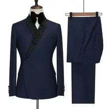 New Design Navy Blue Double Breasted Men Suits Slim Fit Costume Homme Wedding Tuxedos 2 Pieces Groom Party Prom Best Man Blazer