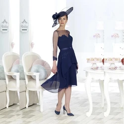 Blue Mother Of The Bride Dresses A-line 3/4 Sleeves Chiffon Appliques Knee Length Short Groom Mother Dresses For Wedding