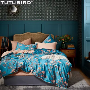 

Blue flower bed set European Satin bedding set girls lady bedclothes 100% Egyptian cotton pastoral bed sheet 4pc queen King size